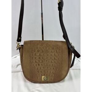 Brahmin Sonny Shoulder Crossbody Flap Bag Tan Croc Embossed Nubuck Leather